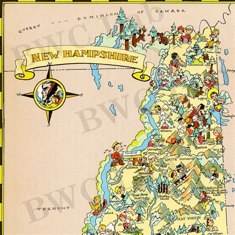 Pictorial Map Of New Hampshire Colorful Fun Illustration Of Etsy