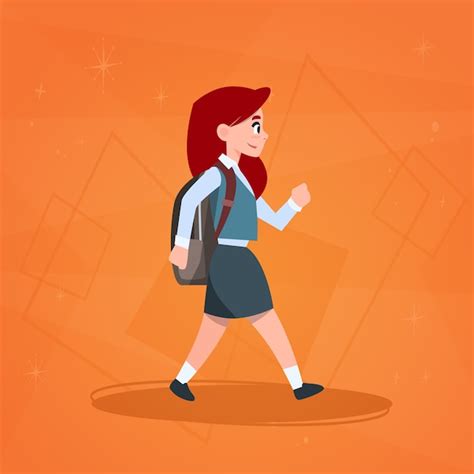 Niña Estudiante Caminando A La Escuela Vector Premium