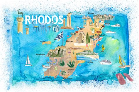 Rhodos Griechenland Illustrierte Karte Mit Sehensw Rdigkeiten Etsy