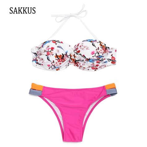 Sakkus 2018 New Sexy Print Floral String Strap Women Bikini Set Bandeau Bodysuit Swimsuits