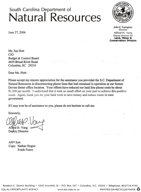 A South Carolina Department of Natural Resources (DNR) letter ...