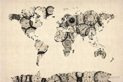 Map Of The World Map From Old Clocks Poster By Michael Tompsett Map