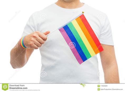 Man With Gay Pride Rainbow Flag And Wristband Stock Image Image Of