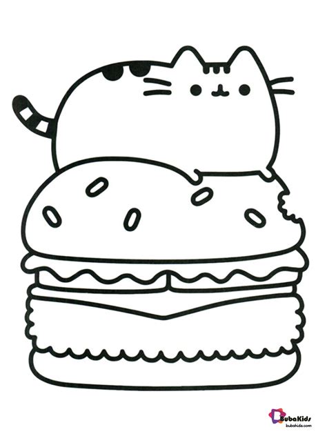 Cute Pusheen Cat Eating Burger Coloring Page