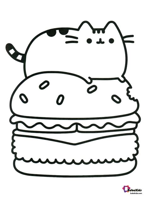 Cute pusheen cat eating burger coloring page. | BubaKids.com
