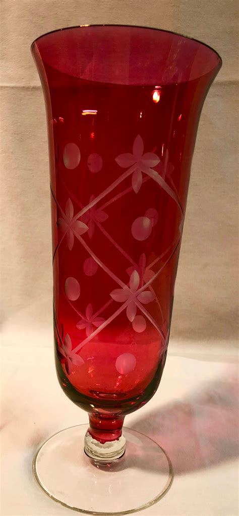 Antique Cranberry Etched Glass Vase