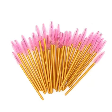 50pcs Golden Handle Makeup Pink Eyelash Brushes One Off Disposable