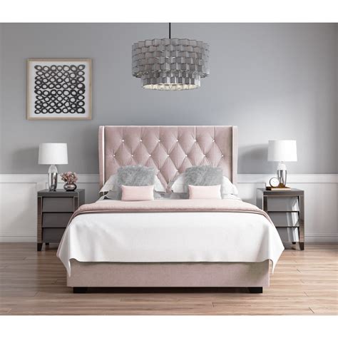 Pink Velvet Double Ottoman Bed With Diamante Headboard Safina