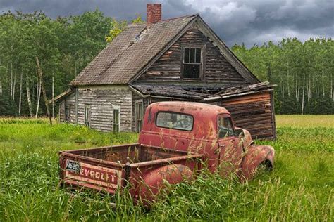 Rusty Red Pickup Truck Abandoned Farm House Homestead Rural Americana Landscape Rustic Auto