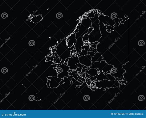 Outline Map Of Europe With Countries On Black Background Stock Vector