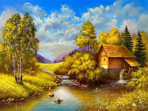 Peaceful Countryside Place Stream Autumn House Riverbank Shore