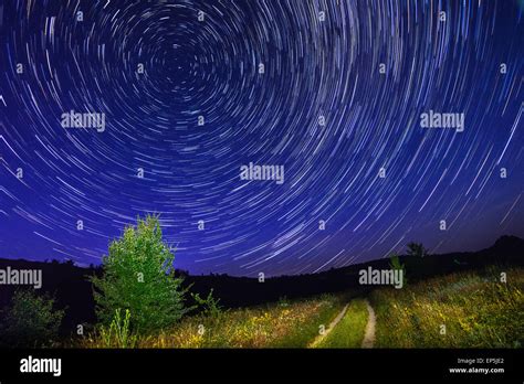 Alone Tree On Night Sky With Stars Startrails And Country Road Grass