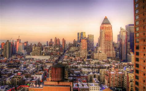 1680x1050 New York Sunset Buildings City Lights Top View Wallpaper