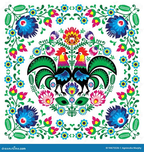 Polish Floral Folk Art Square Pattern With Rooster Wzory Lowickie