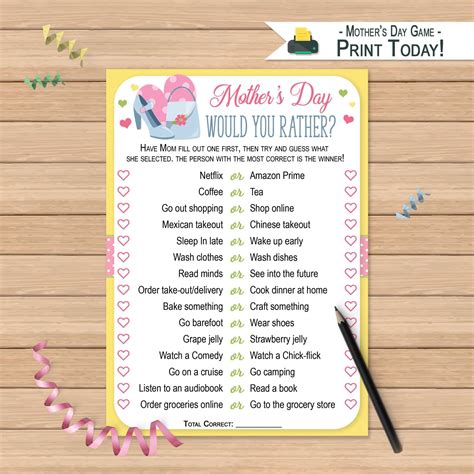 Mothers Day Game Would You Rather Game Printable Mothers Day Party Game Momma This Or