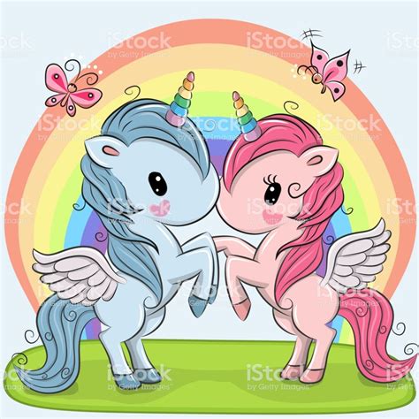Two Cute Unicorns On A Rainbow Background Cute Unicorn Rainbow