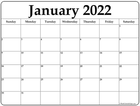 Printable Calendar 2022 Free January 2022 Printable Calendar Template