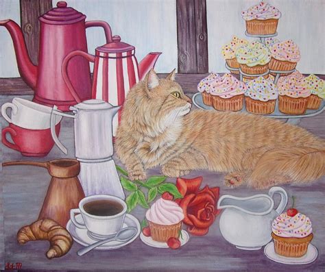 Actually i used to be a barista at a coffee house and i've always admired coffee themed artwork, coffee shop music, the concerts and just the overall chill. Ginger Cat in a Coffee Shop Painting by Sofya Mikeworth