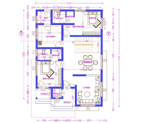 Architectural Bungalow Layout Plan With Dimension Autocad File Cadbull