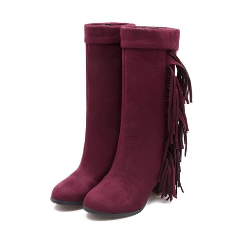 Thick With High Heel Round Toe Slip On Turned Over Edge Mid Calf Suede Tassel Boots On Luulla