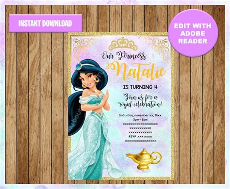Princess Jasmine Party Invitation Aladdin Printable Etsy