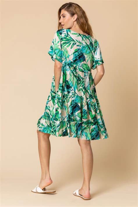 Tropical Print Tiered Pocket Dress In Green Roman Originals Uk