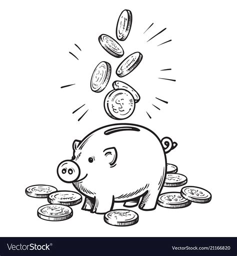 Cartoon Piggy Bank With Falling Coins Black And Vector Image