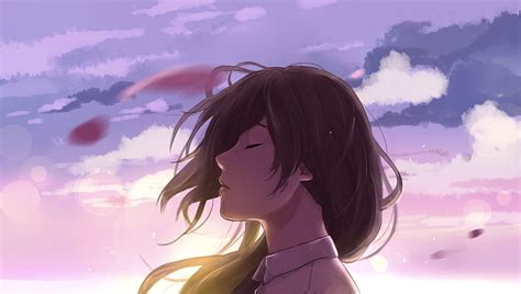 Hd Wallpaper Anime Girl Closed Eyes Profile View Scenic Clouds