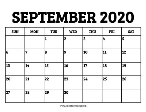 September 2020 Calendar Printable Calendar Options