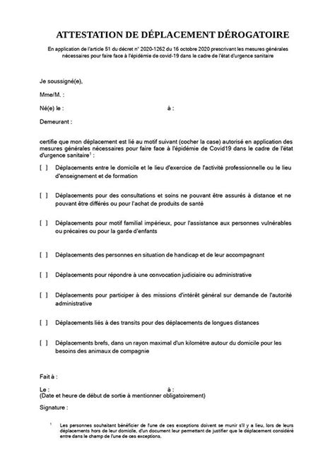 Pour le travail, l'attestation de déplacement limiter ses sorties, avoir une dérogation en poche : Attestation de Déplacement à Imprimer pour Couvre-feu ...