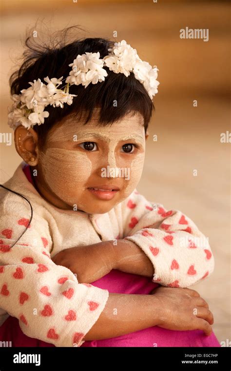 A Young Burmese Girl Age Aged 6 Years Wearing Thanaka Thanakha