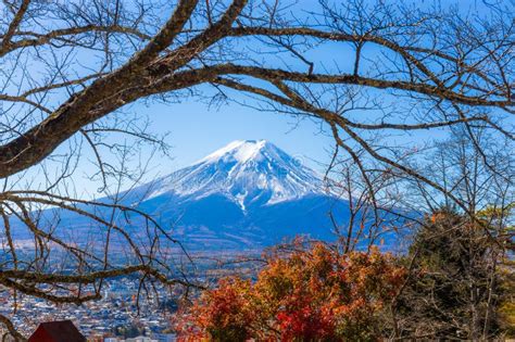 Mount Fuji Framed With Red Maple Leaves Beautifully In Autumn Stock