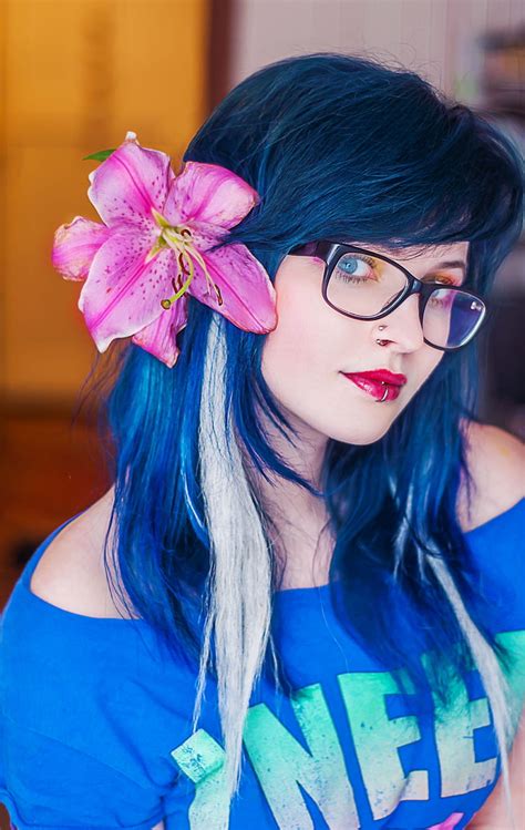 Hd Wallpaper Face Blue Hair Glasses Women Piercing Lipstick Flower In Hair Wallpaper Flare