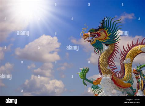 Beautiful Chinese Dragon With Blue Sky Background At Thailand Stock