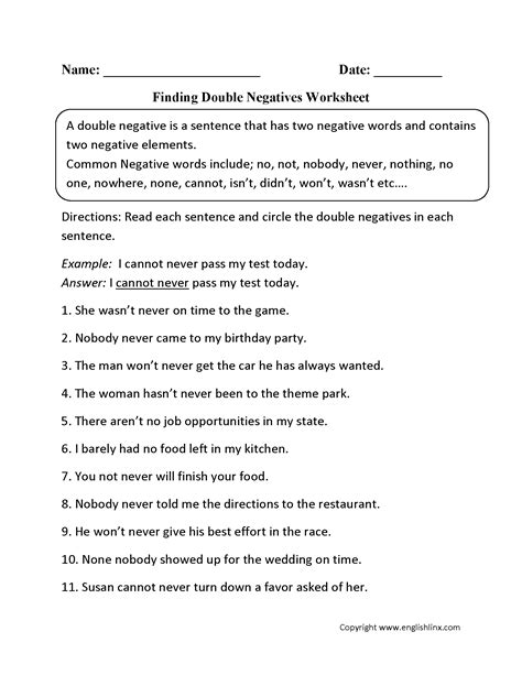 finding double negatives worksheet word usage negativity double negative