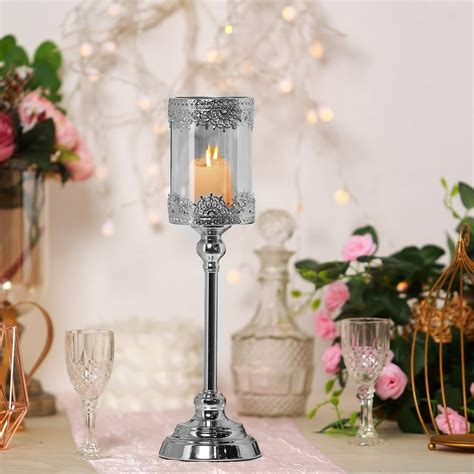 17 Tall Lace Design Silver Hurricane Candle Holder With Glass Tube
