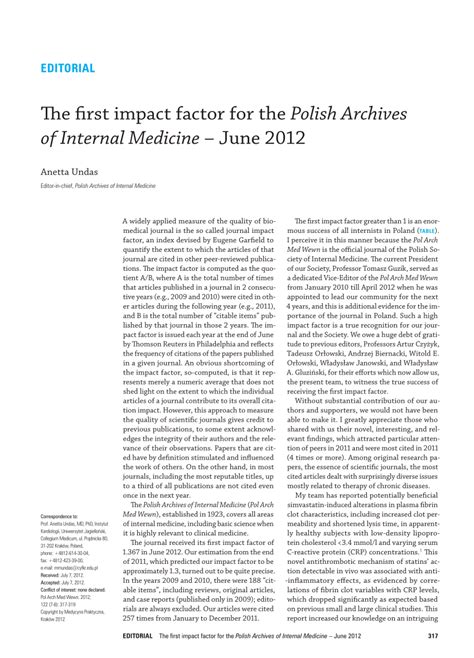PDF The First Impact Factor For The Polish Archives Of Internal
