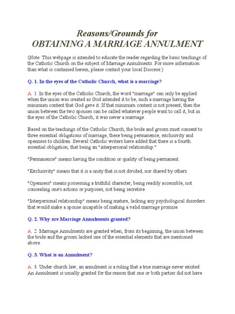 Reasons Or Grounds For Marriage Annulment Of Catholic Marriage Pdf