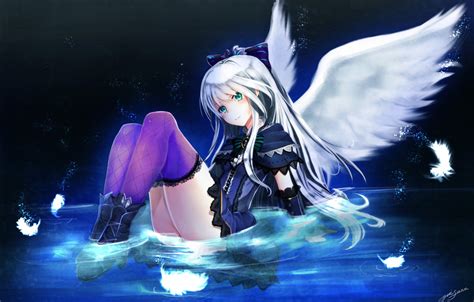 Wallpaper Water Girl Smile Wings Anime Feathers Art
