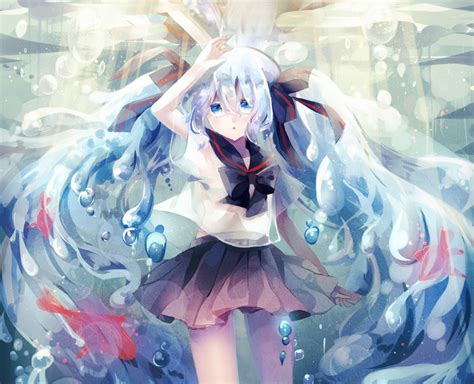 Animal Blue Eyes Blue Hair Bottle Miku Bubbles Cropped Fish Hatsune