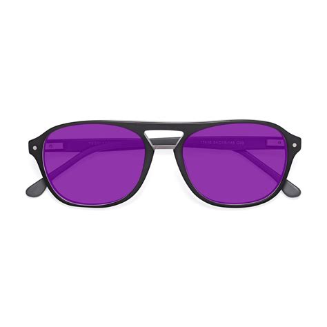 Matte Black Grandpa Acetate Aviator Tinted Sunglasses With Purple Sunwear Lenses 17416
