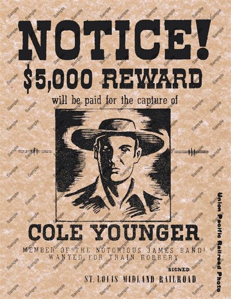 Cole Younger James Band Old Wild West Wanted Notice Reward Poster Decor