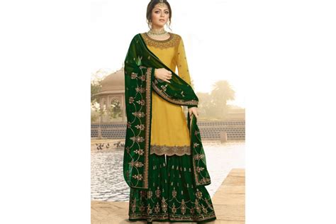 Drashti Dhami Yellow Green Satin Georgette Embroidered Sharara Style Suit 3608