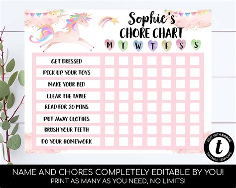 Unicorn Chore Chart Editable Kids Chore Chart Reward Chart For Kids