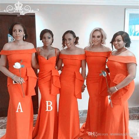 Modest Orange African Bridesmaid Dress Mermaid Satin Plus Size Off The Shoulder Ruched Wedding
