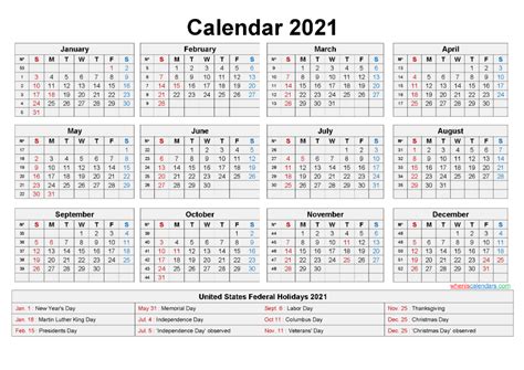 Free Printable Yearly 2021 Calendar With Holidays As Word Pdf Free