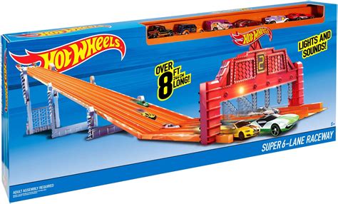Hot Wheels Toy Car Track Set Super 6 Lane Raceway 8ft Track That Rolls