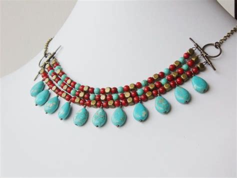 Egyptian Style Necklace Turquoise Coral Brass By BronzeAgeJewelry