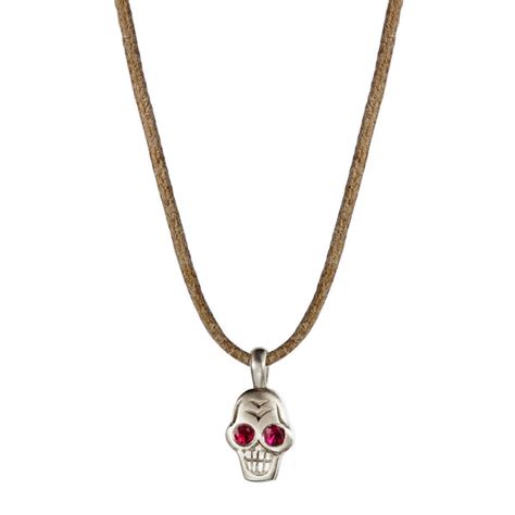 Sterling Silver Tiny Skull Pendant With Ruby Eyes On Leather Cord Meandro