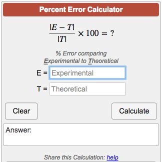 To calculate percent error you will first want to find the difference between the value that has been measured and an accepted/standard value. Percent Error Calculator
